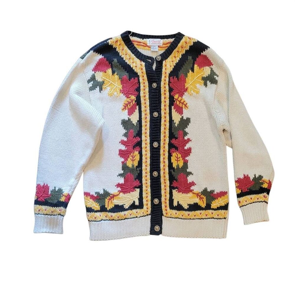 Vintage 90s Orvis Sweater Women's Medium Fall Leaf Embroidered Grandma Cardigan